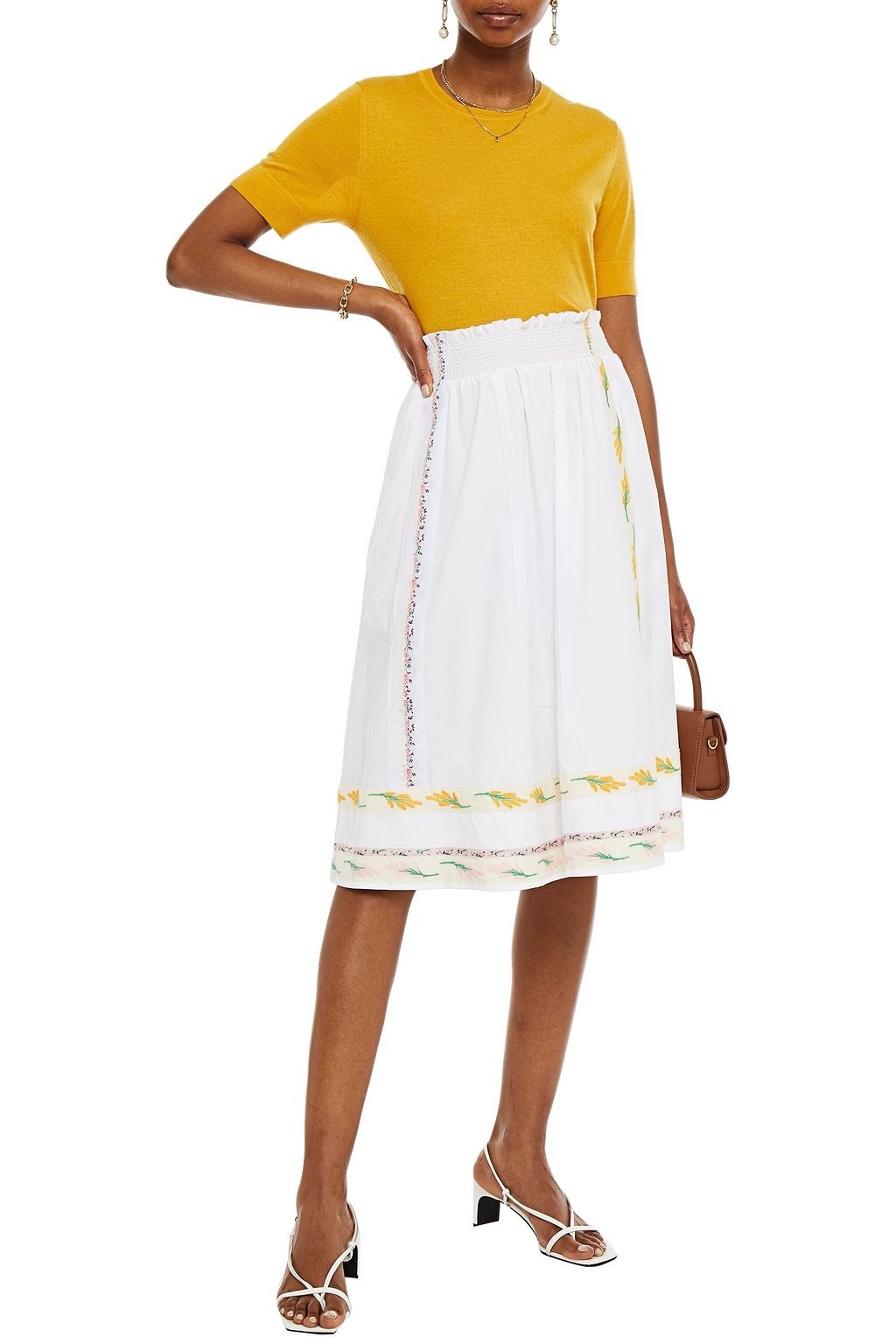 TORY BURCH Embroidered gathered cotton-poplin skirt