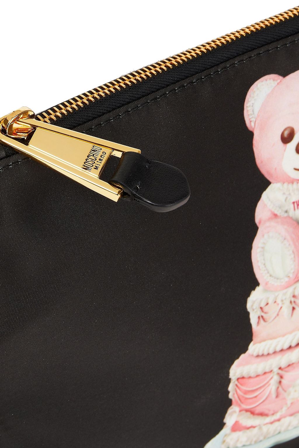 MOSCHINO Bedruckte Pochette aus glänzendem Twill mit Lederbesatz