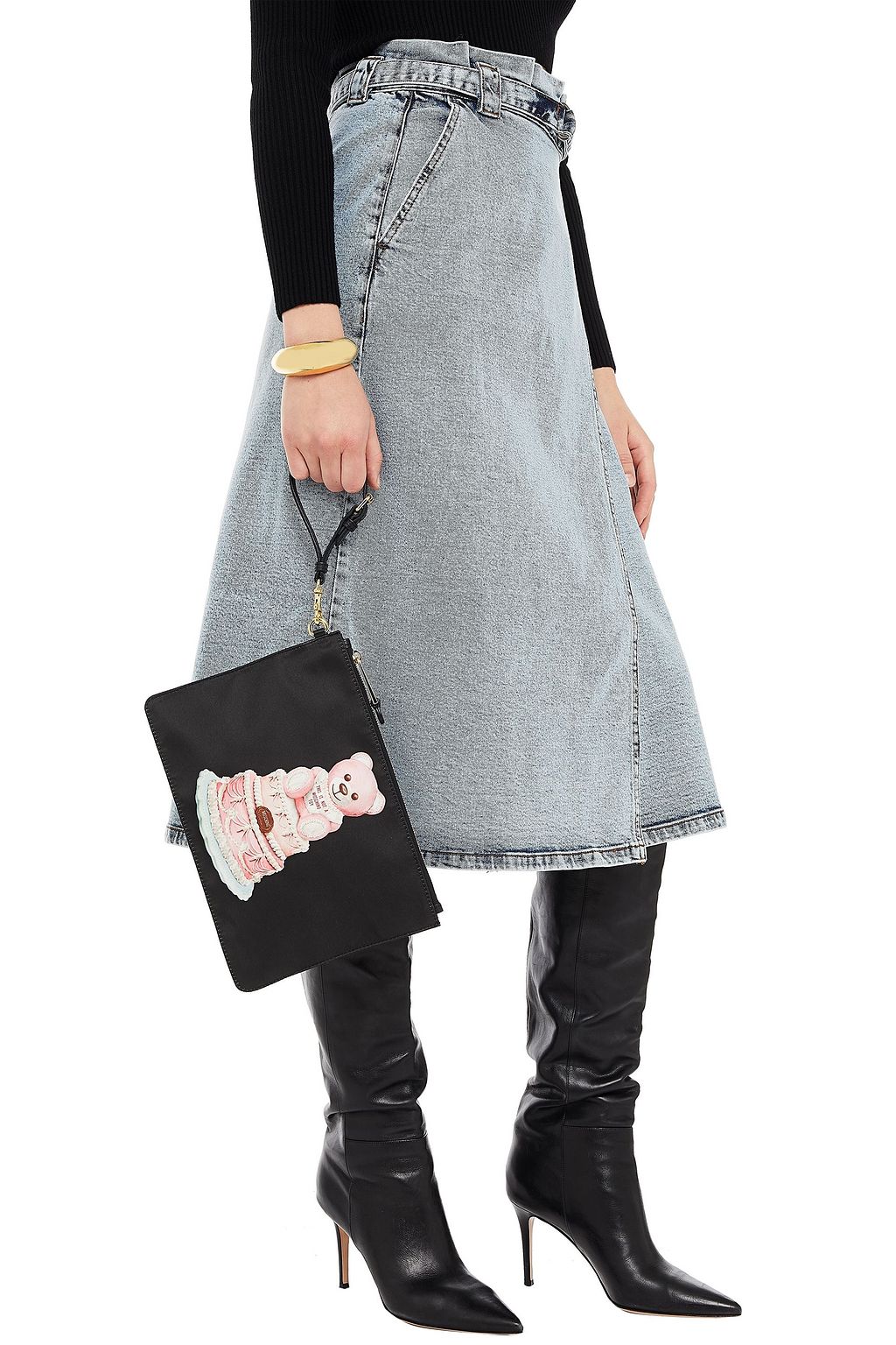 MOSCHINO Bedruckte Pochette aus glänzendem Twill mit Lederbesatz