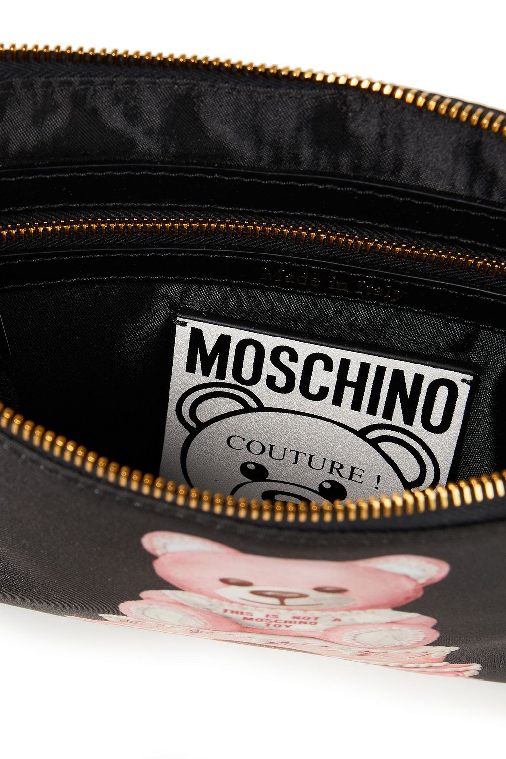 MOSCHINO Bedruckte Pochette aus glänzendem Twill mit Lederbesatz