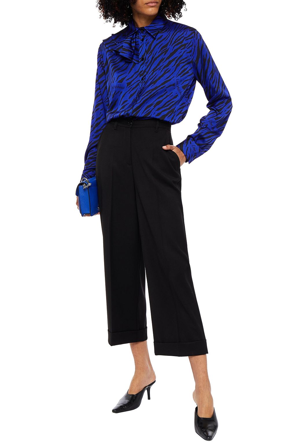 LOVE MOSCHINO Logo-appliquéd cropped crepe de chine straight-leg pants