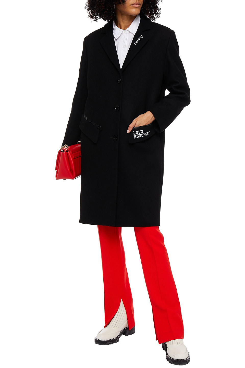 Love Moschino Logo-embroidered Wool-blend Felt Coat In Black