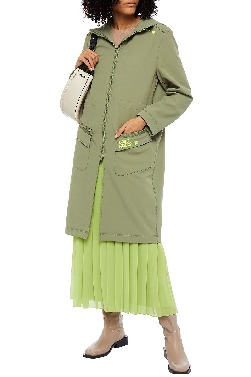 Love Moschino Printed Shell Hooded Coat In Green