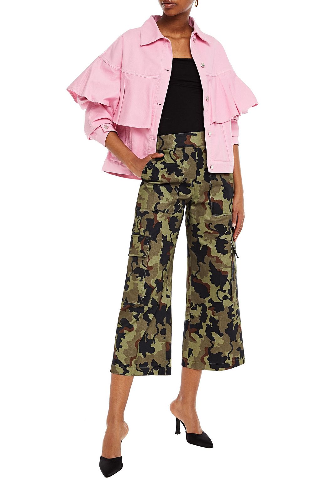 VIVETTA Cropped camouflage-print cotton-blend twill wide-leg pants