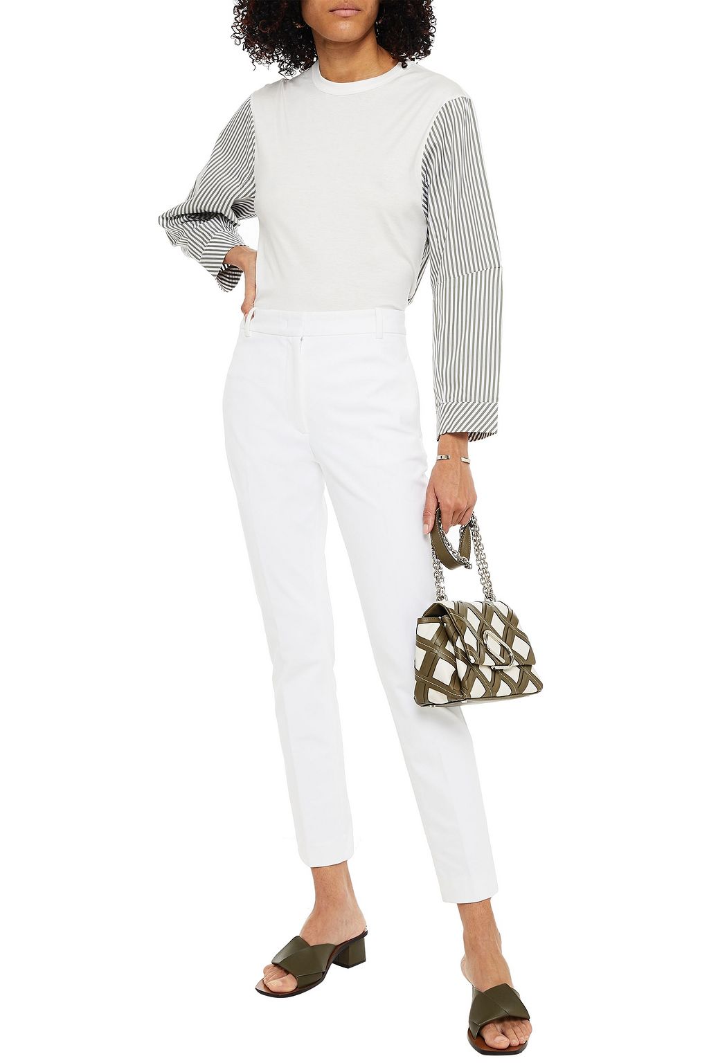 JOSEPH Paneled cotton-jersey and striped cotton-poplin top