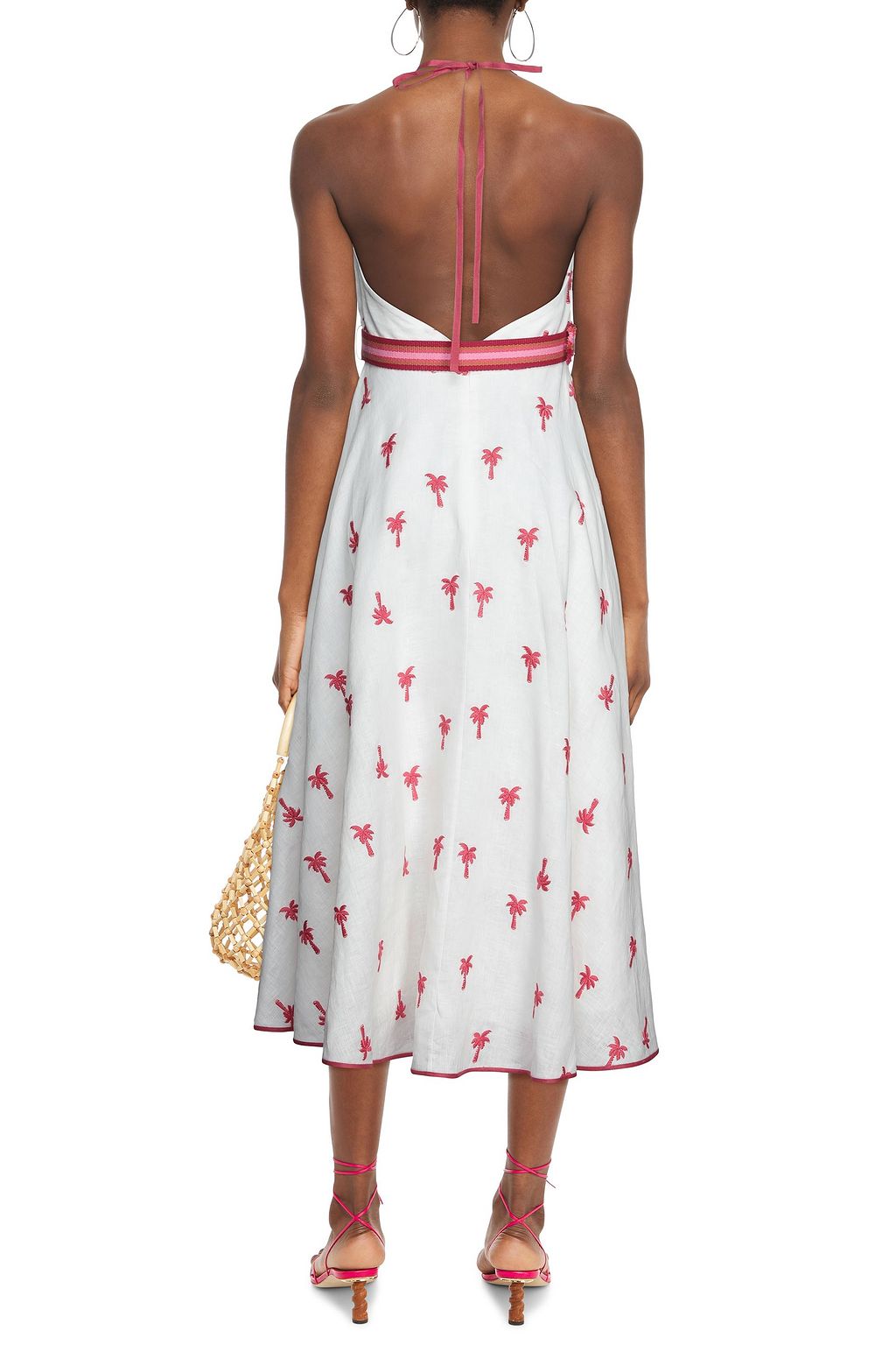 ZIMMERMANN Belted embroidered linen halterneck midi dress
