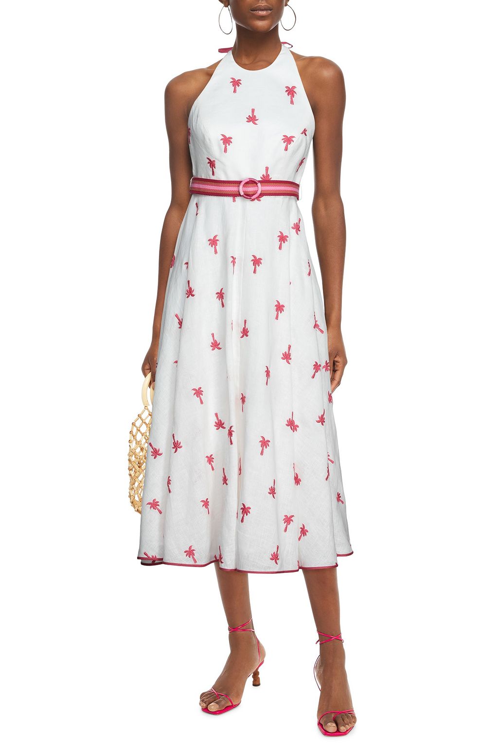 ZIMMERMANN Belted embroidered linen halterneck midi dress