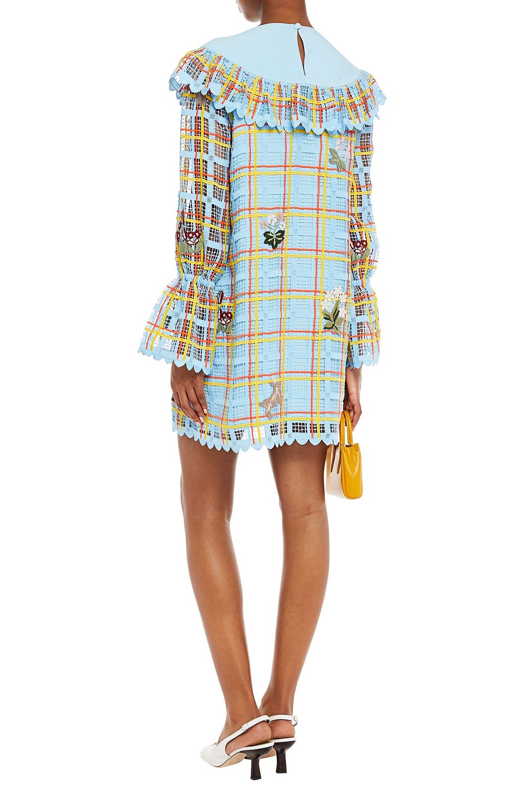 VIVETTA Appliquéd ruffled macramé and crepe mini dress