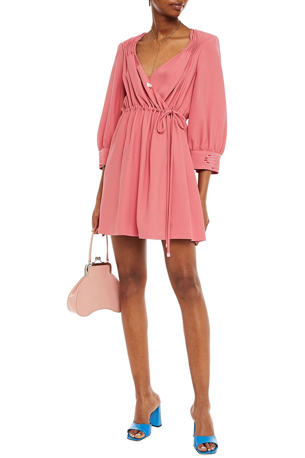 VIVETTA Embroidered gathered crepe mini wrap dress