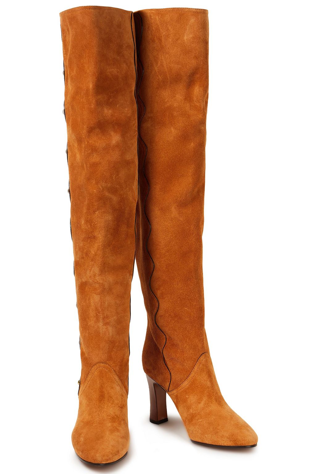 CHLOÉ Scalloped studded suede over-the-knee boots