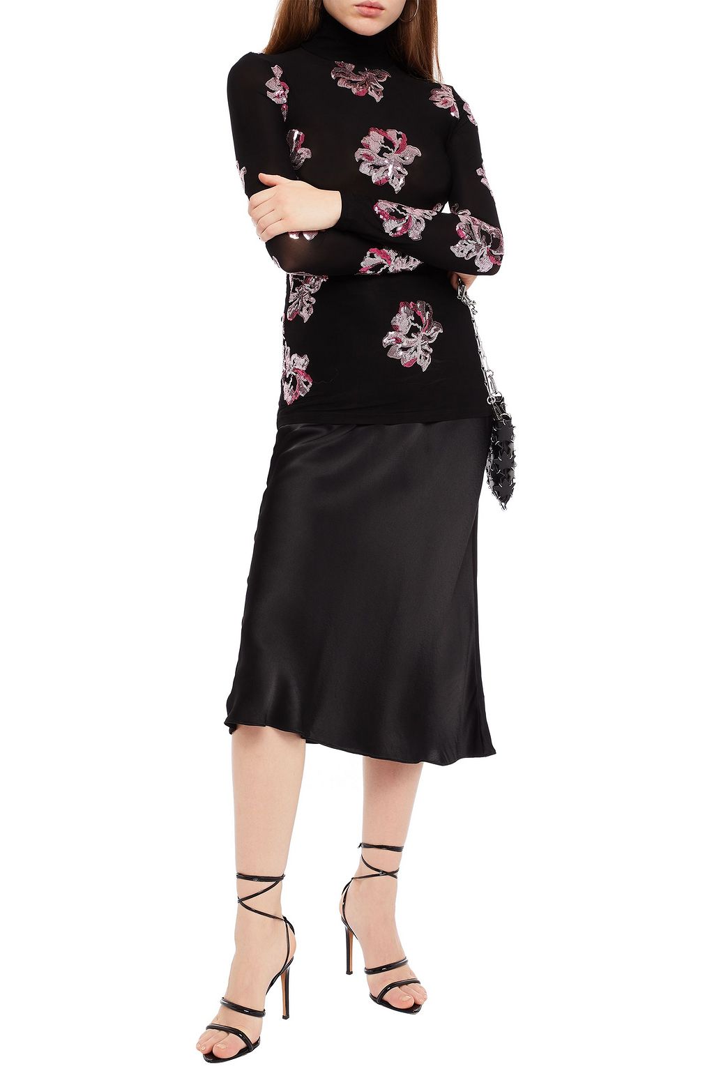 RABANNE Sequin-embellished stretch-cupro turtleneck top