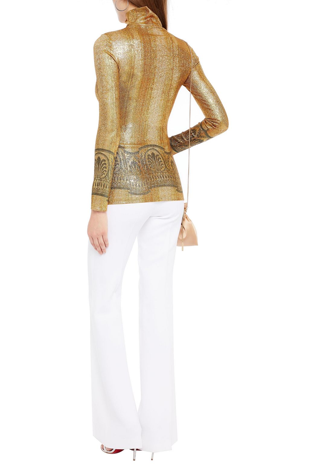 RABANNE Metallic printed jersey turtleneck top
