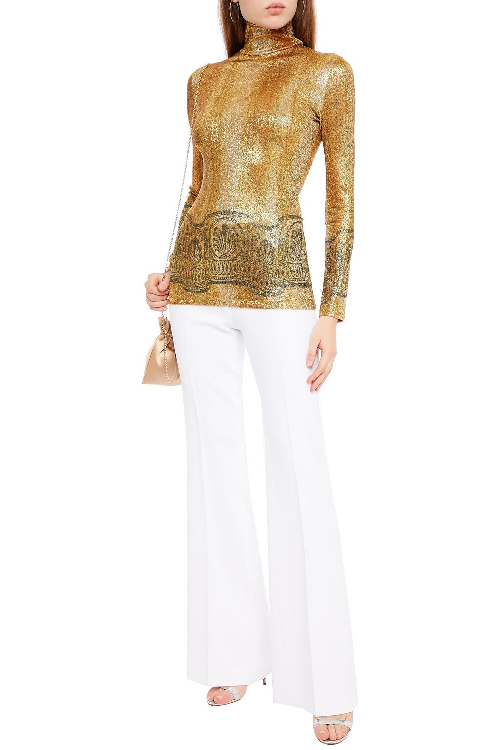 RABANNE Metallic printed jersey turtleneck top