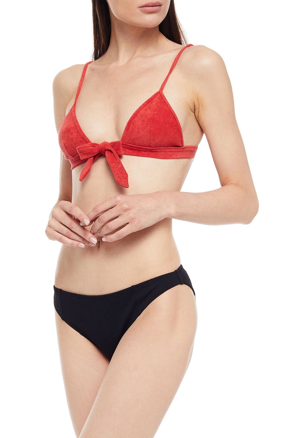 GANNI Knotted cotton-blend terry bikini top