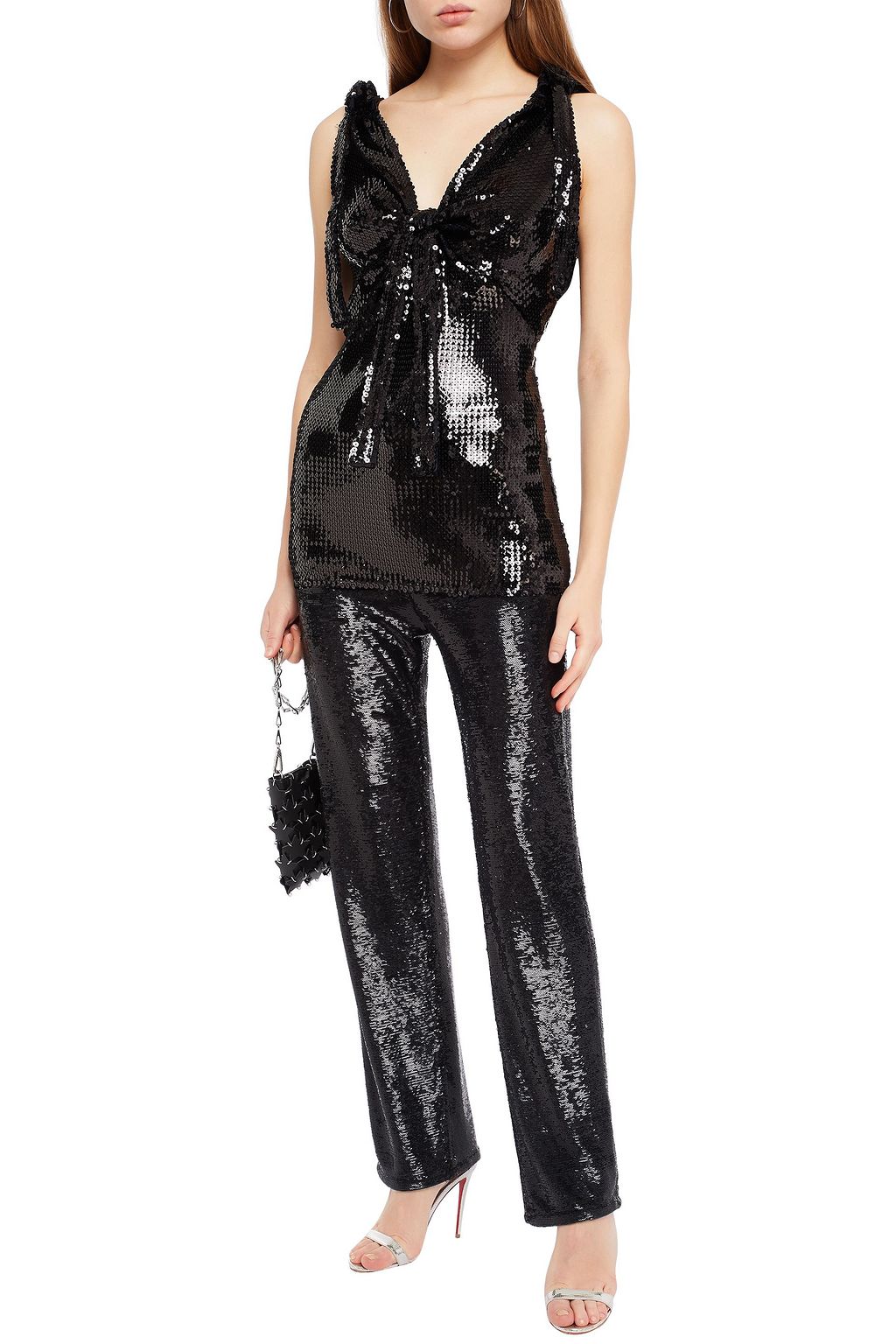 RABANNE Knotted sequined jersey top