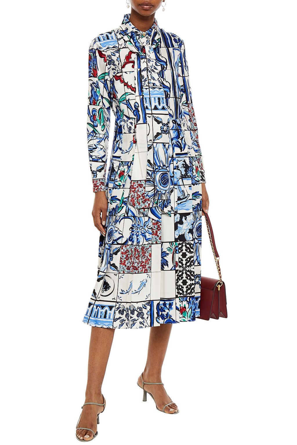 TORY BURCH Pleated printed silk-twill midi shirt dress