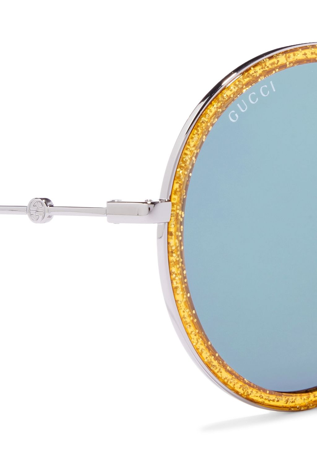 GUCCI Silberfarbene Sonnenbrille mit rundem Rahmen und Details aus Azetat mit Glitter-Finish