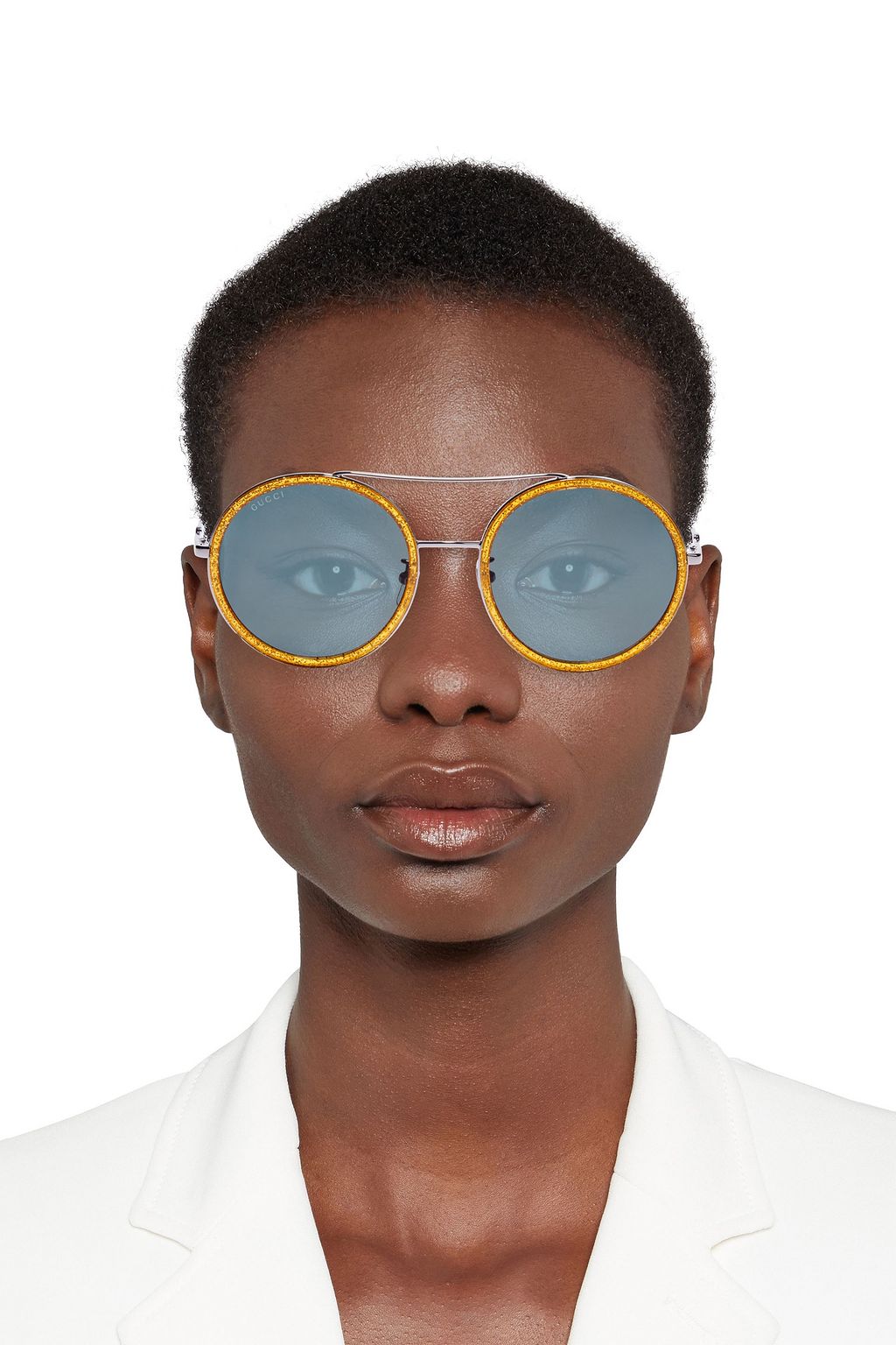 GUCCI Silberfarbene Sonnenbrille mit rundem Rahmen und Details aus Azetat mit Glitter-Finish
