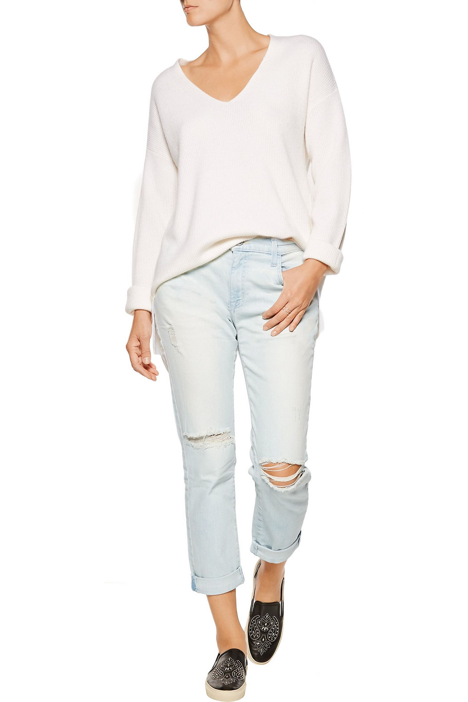 Current Elliott The Fling Cropped Distressed Mid-rise Straight-leg Jeans In Light Denim