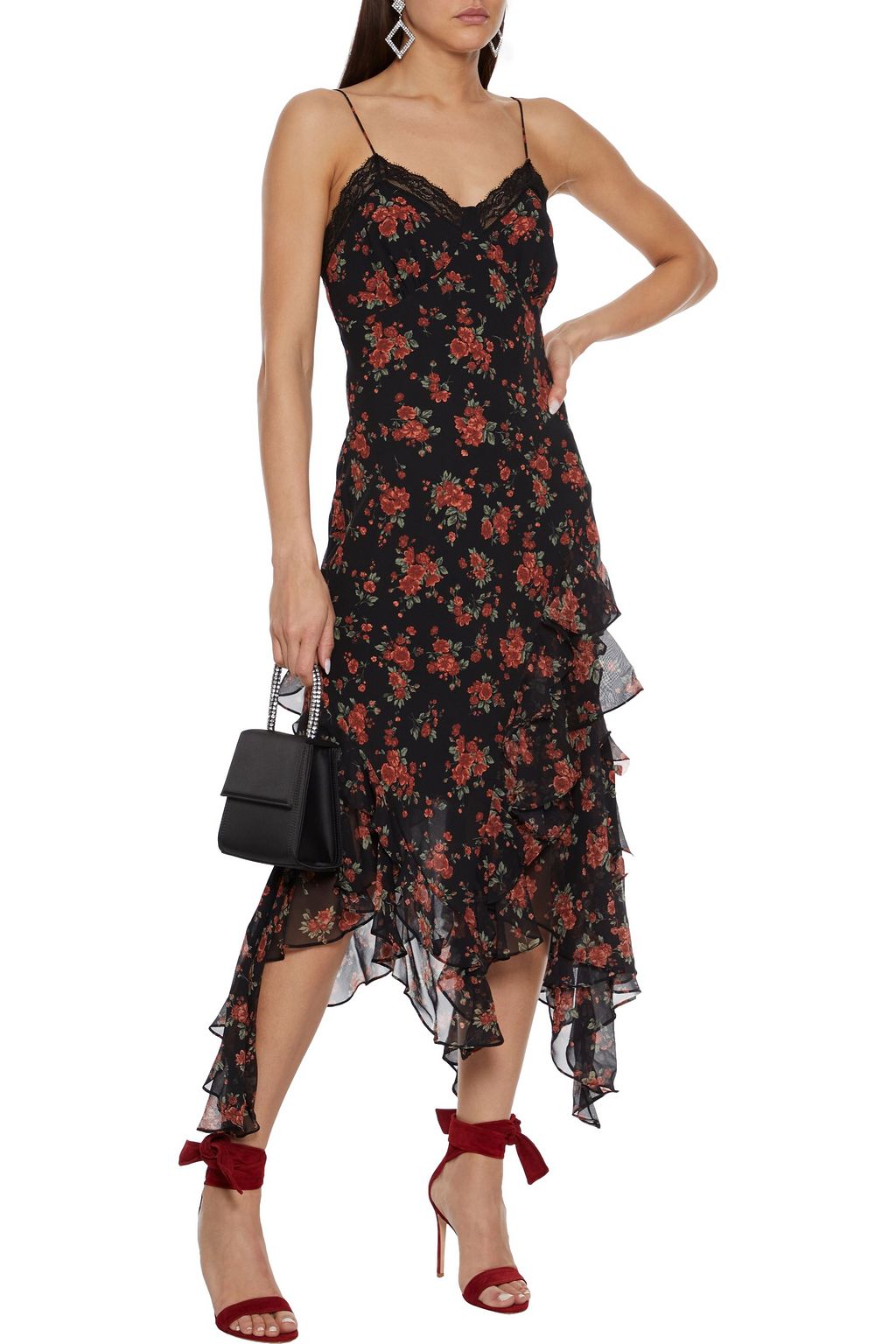 MICHAEL KORS COLLECTION Lace-trimmed ruffled floral-print silk-chiffon midi dress