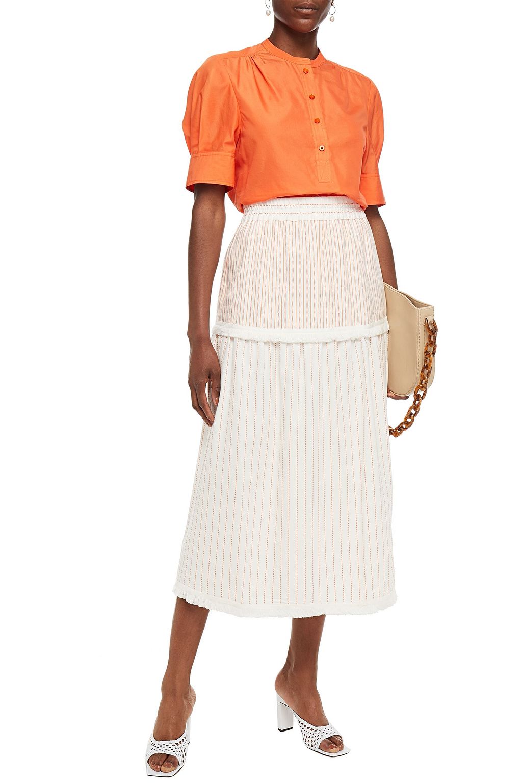 RODEBJER Souhila frayed striped cotton-twill midi skirt