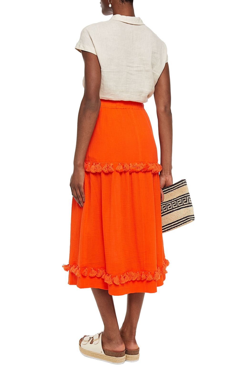 RODEBJER Lila tassel-trimmed neon gauze midi skirt