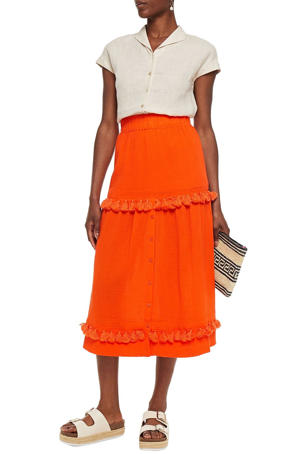 RODEBJER Lila tassel-trimmed neon gauze midi skirt