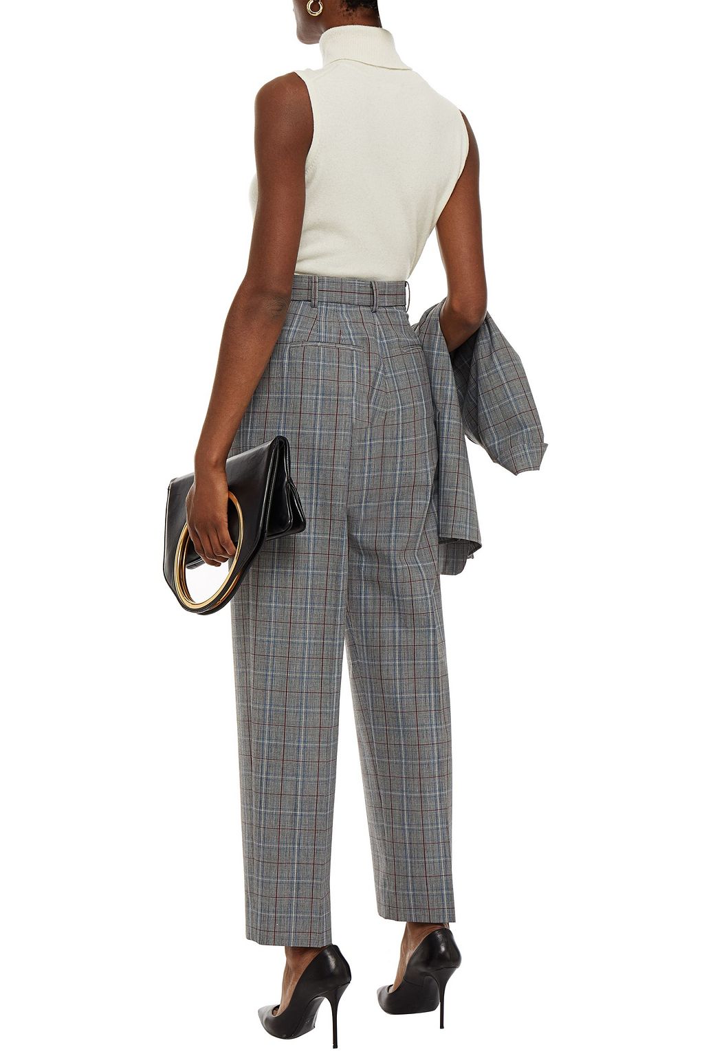 TORY BURCH Pleated checked woven tapered pants