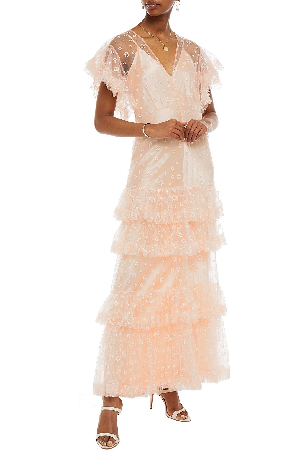 TORY BURCH Wrap-effect tiered flocked tulle maxi dress