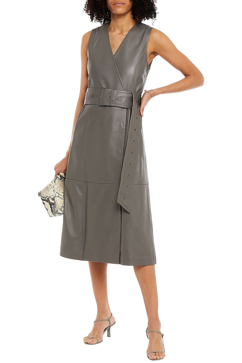 JOSEPH Belted leather midi wrap dress
