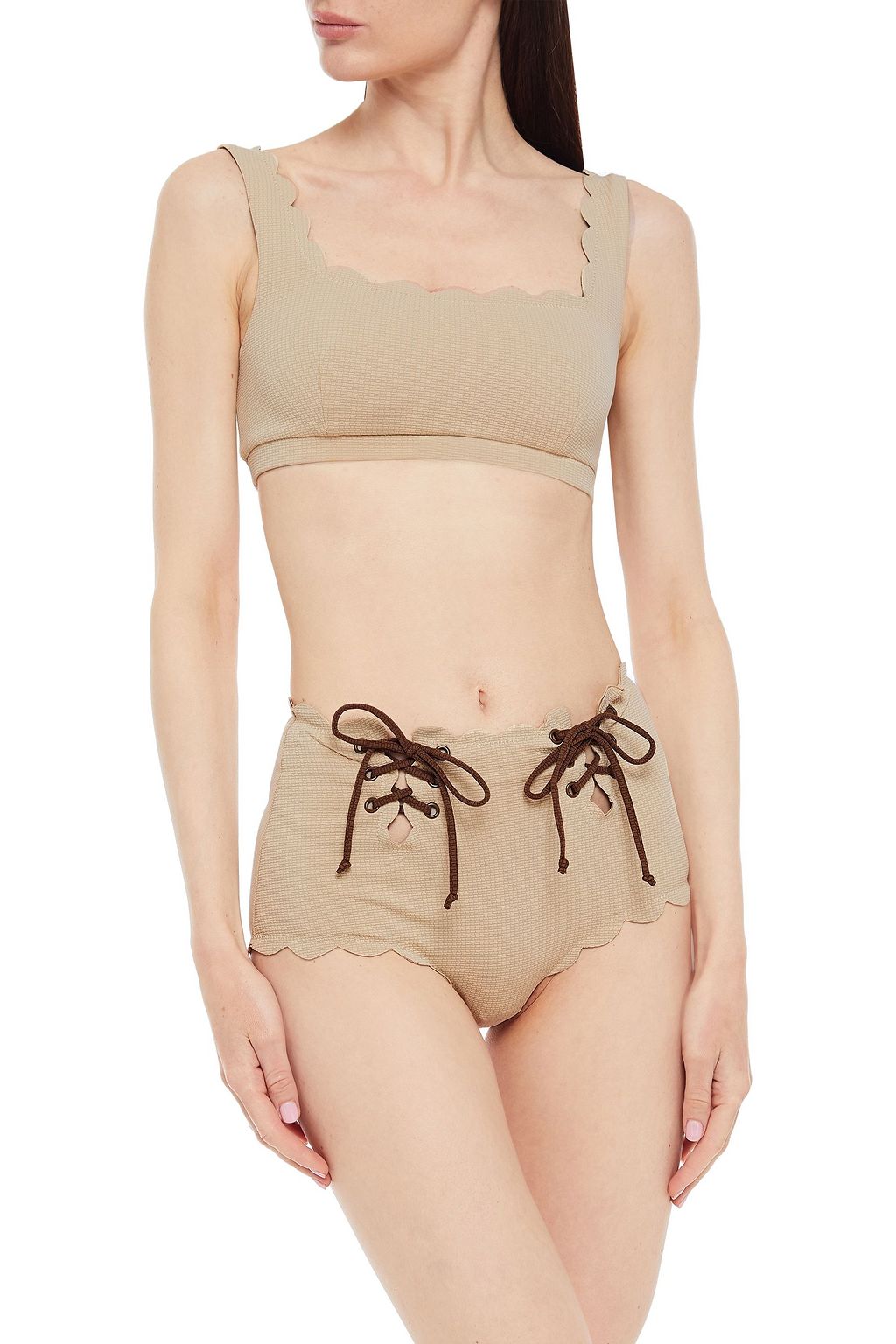 MARYSIA Double Riviera lace-up scalloped high-rise bikini briefs