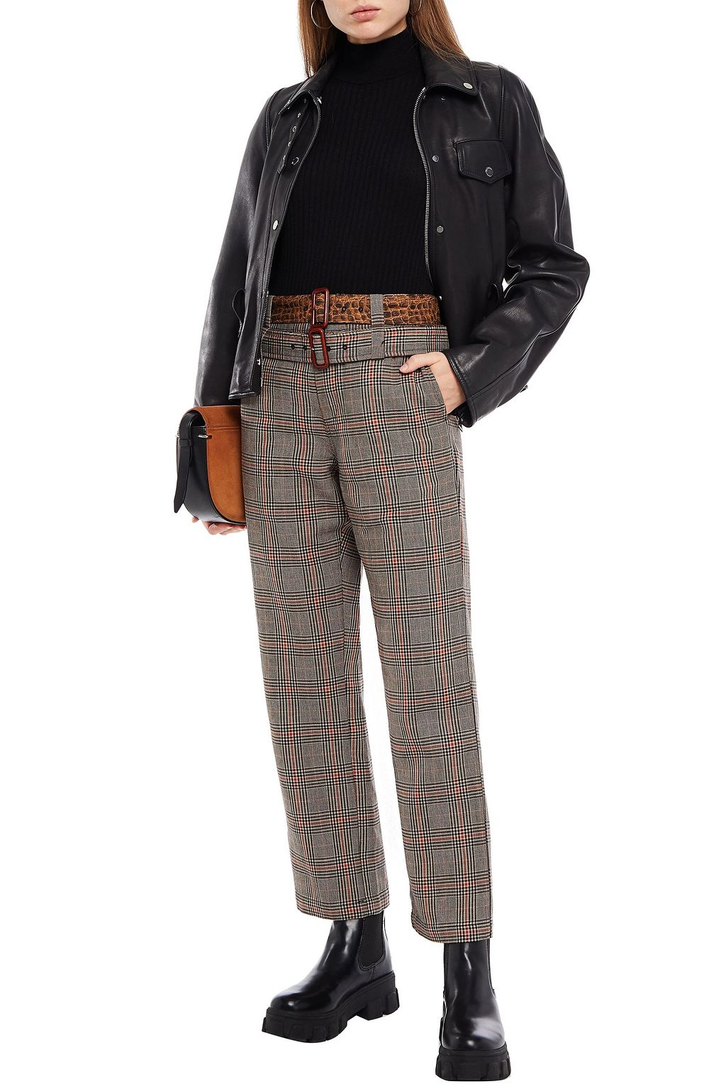 R13 Belted Prince of Wales checked cotton straight-leg pants