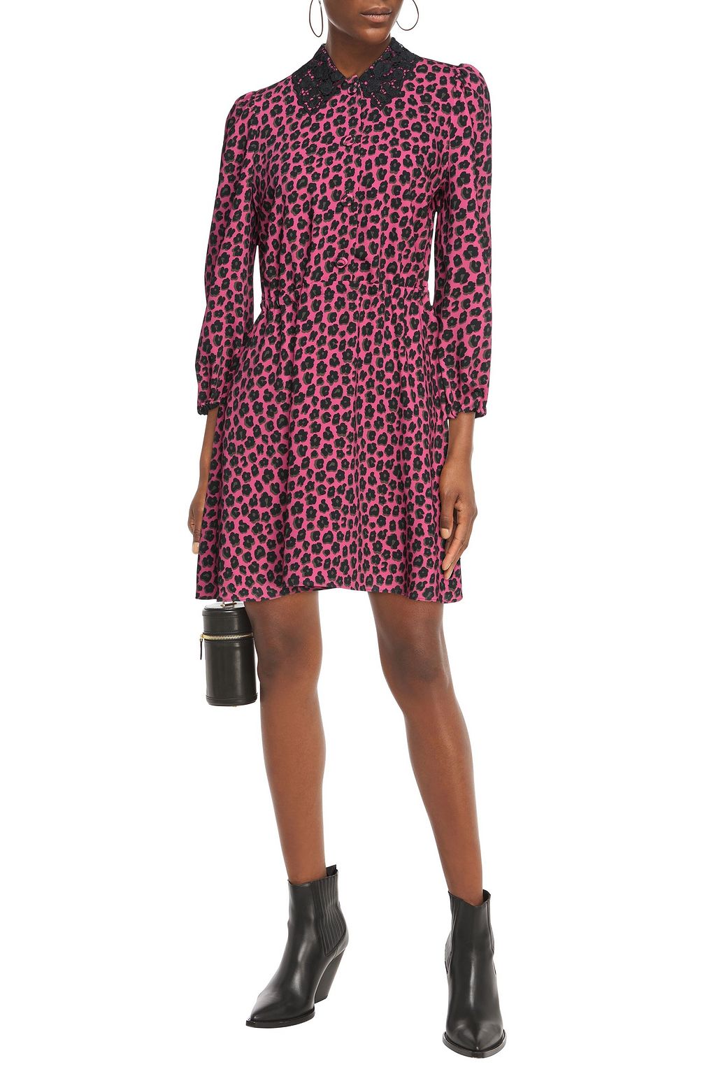 VIVETTA Lace-trimmed gathered leopard-print crepe de chine dress