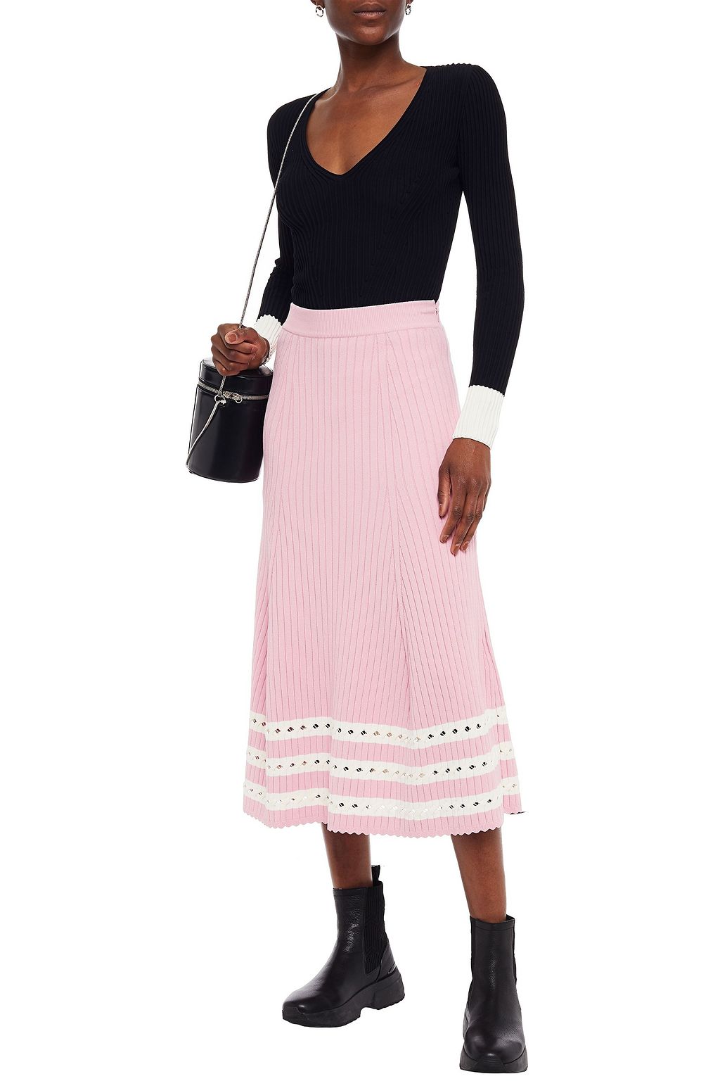 MCQUEEN Striped ribbed-knit midi skirt