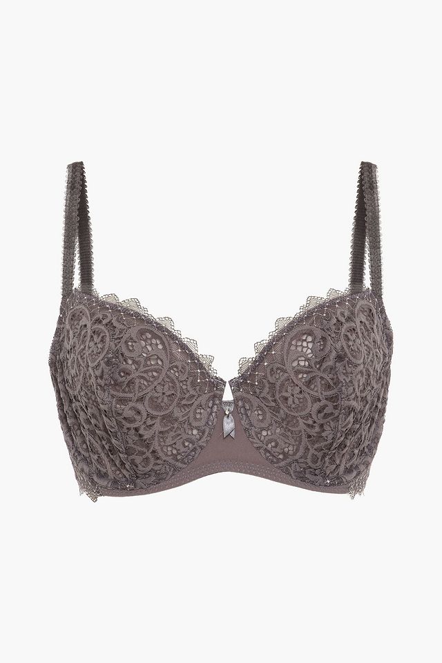 Crystal-embellished stretch-lace underwired bra