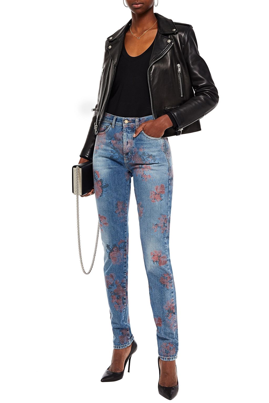 SAINT LAURENT Floral-print high-rise slim-leg jeans
