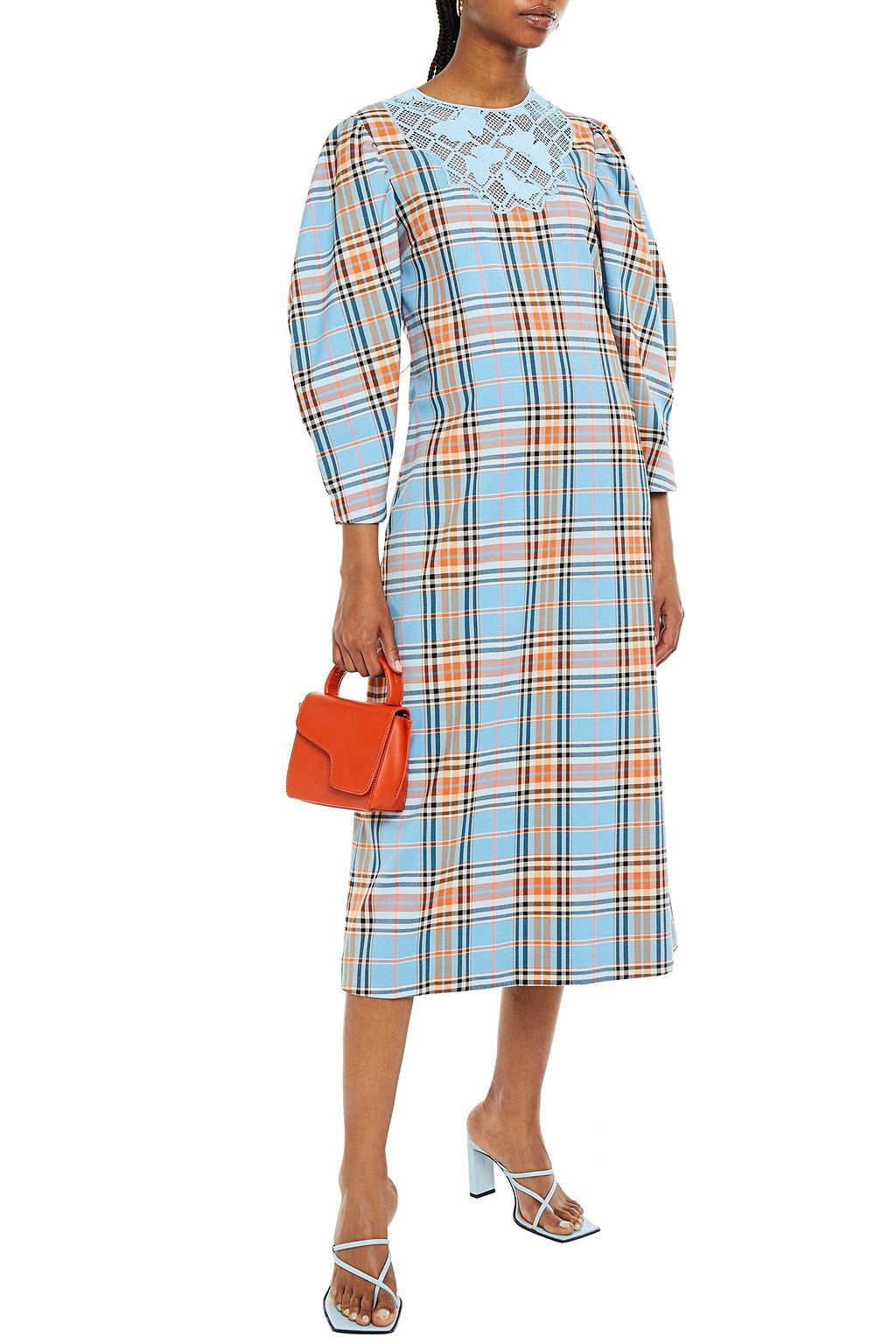 VIVETTA Crocheted lace-paneled checked woven midi dress