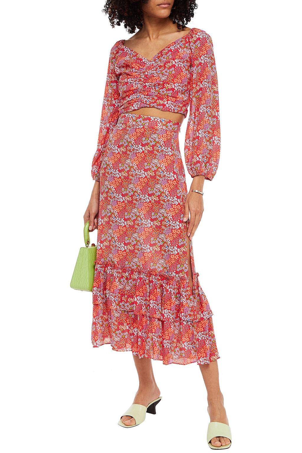 PALOMA BLUE Maya cropped gathered floral-print crepe top
