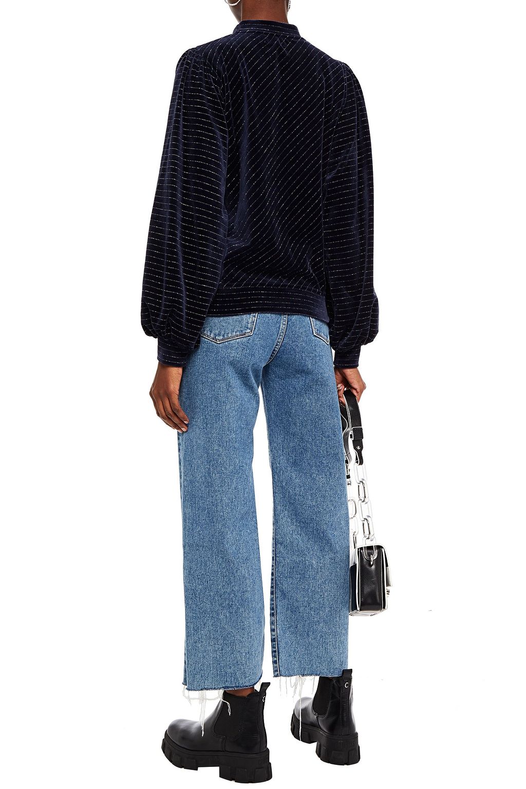 GANNI Pinstriped metallic cotton-blend velour top