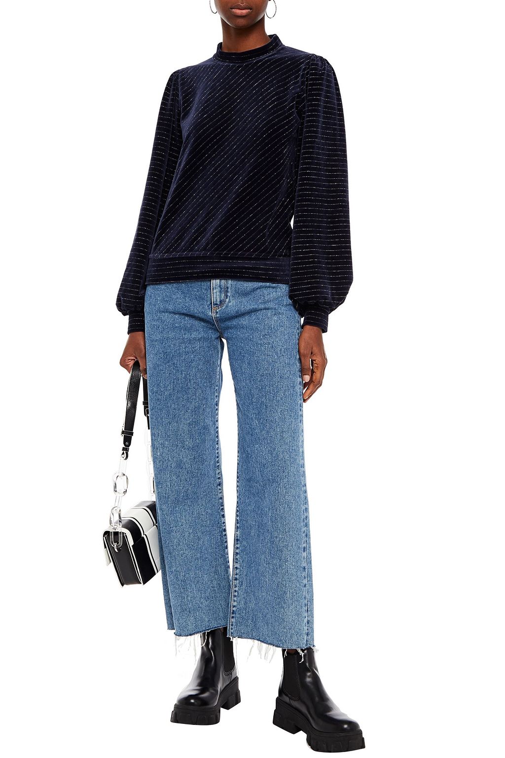 GANNI Pinstriped metallic cotton-blend velour top