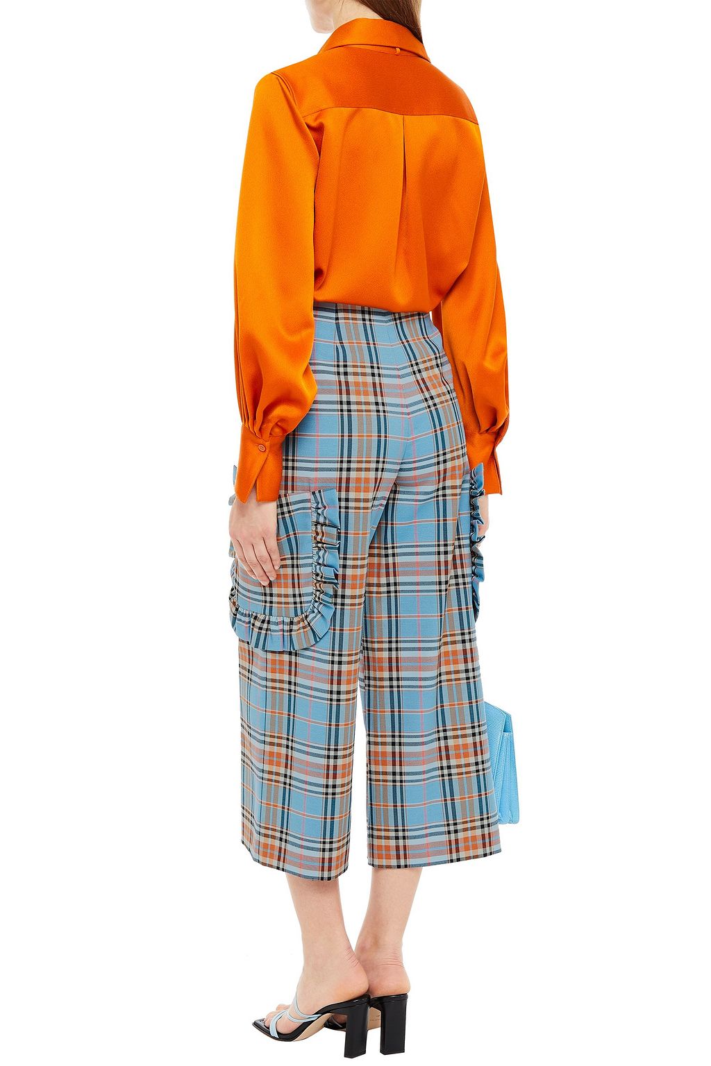 VIVETTA Cropped ruffle-trimmed checked twill wide-leg pants