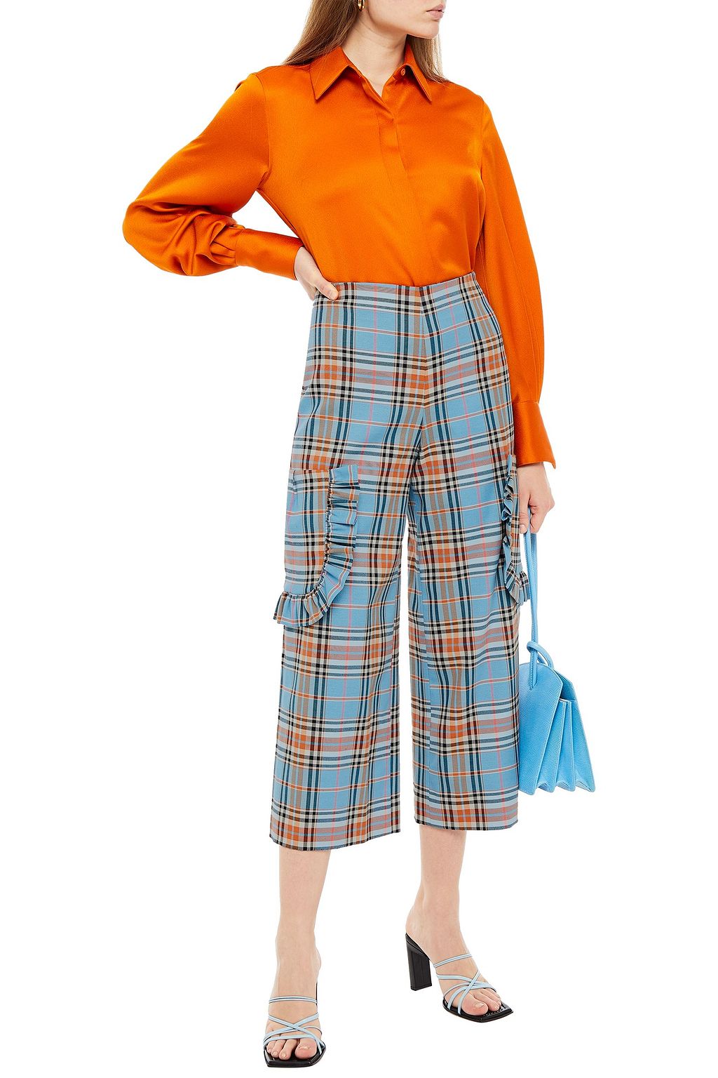 VIVETTA Cropped ruffle-trimmed checked twill wide-leg pants