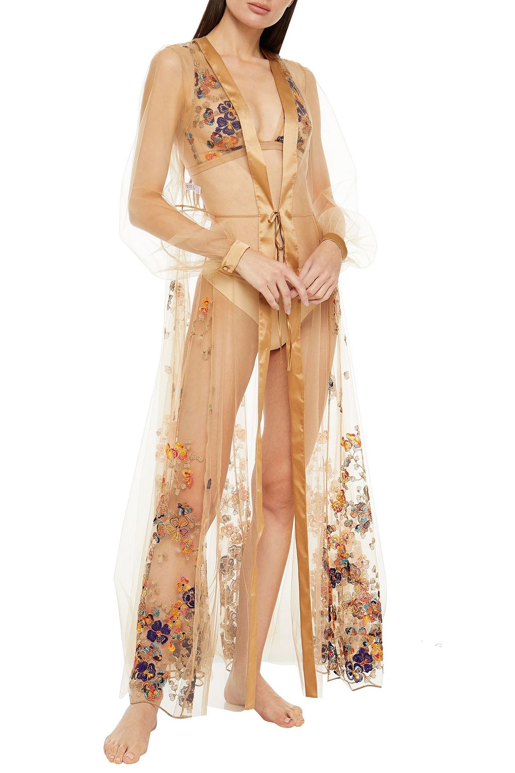 I.D. SARRIERI Satin-trimmed embroidered tulle robe