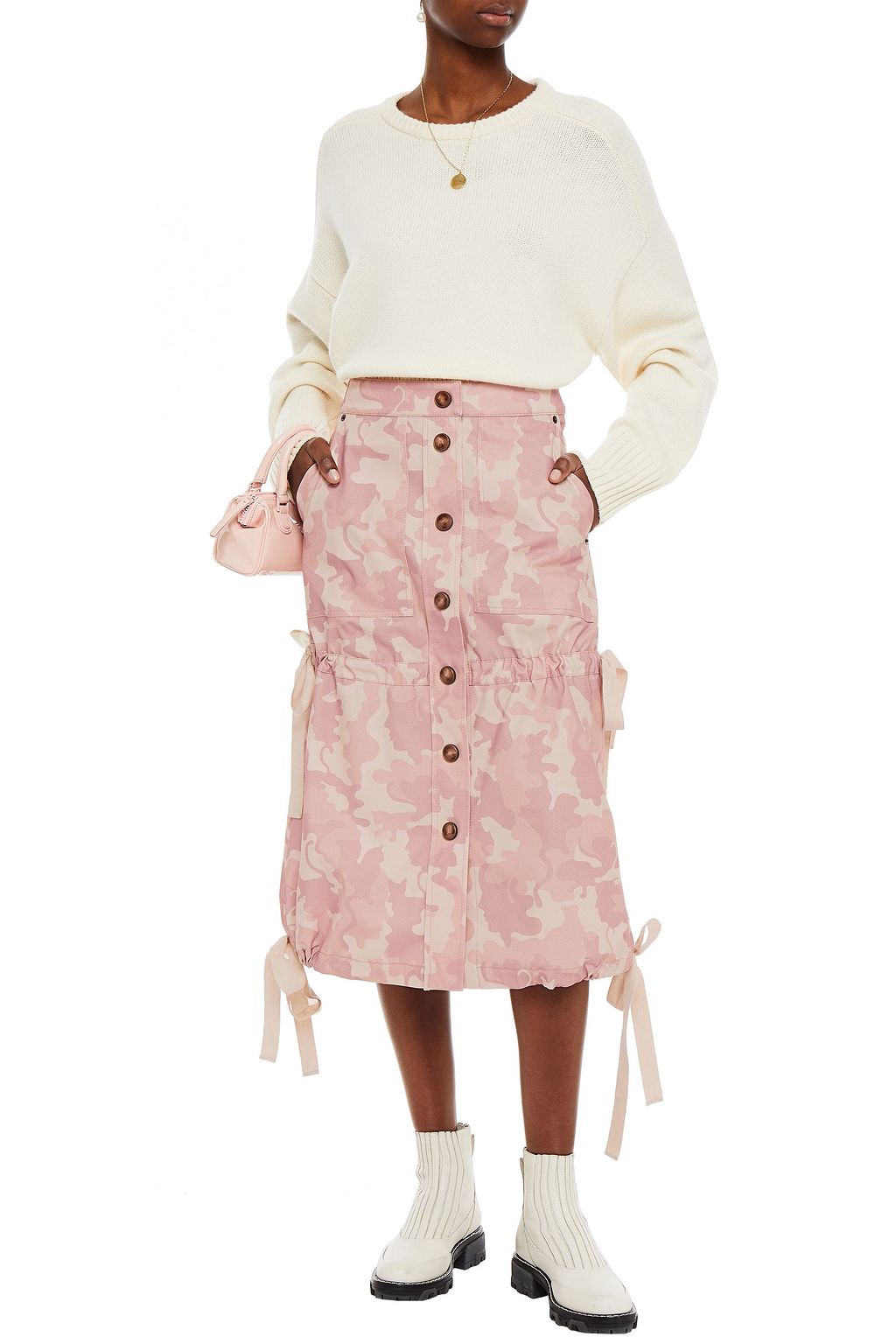 VIVETTA Gathered camouflage-print cotton-blend midi skirt