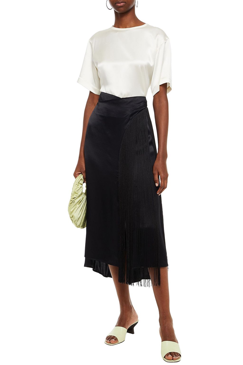 RODEBJER Deniz wrap-effect fringed satin midi skirt