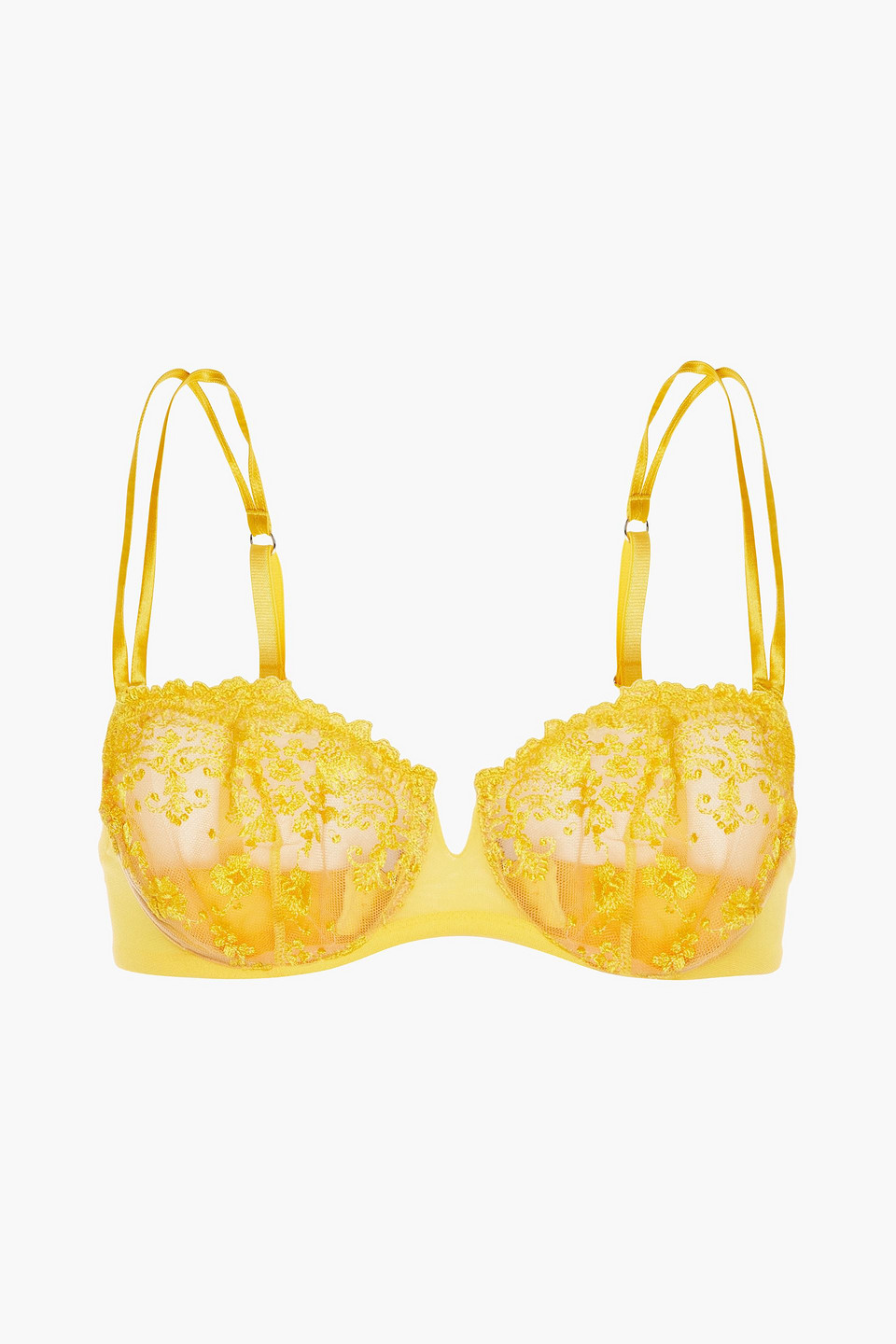 Id Sarrieri Satin-trimmed Embroidered Stretch-tulle Underwired Balconette Bra In Yellow