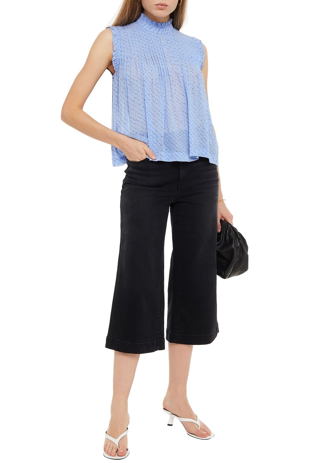 GANNI Ruffle-trimmed pintucked floral-print georgette top