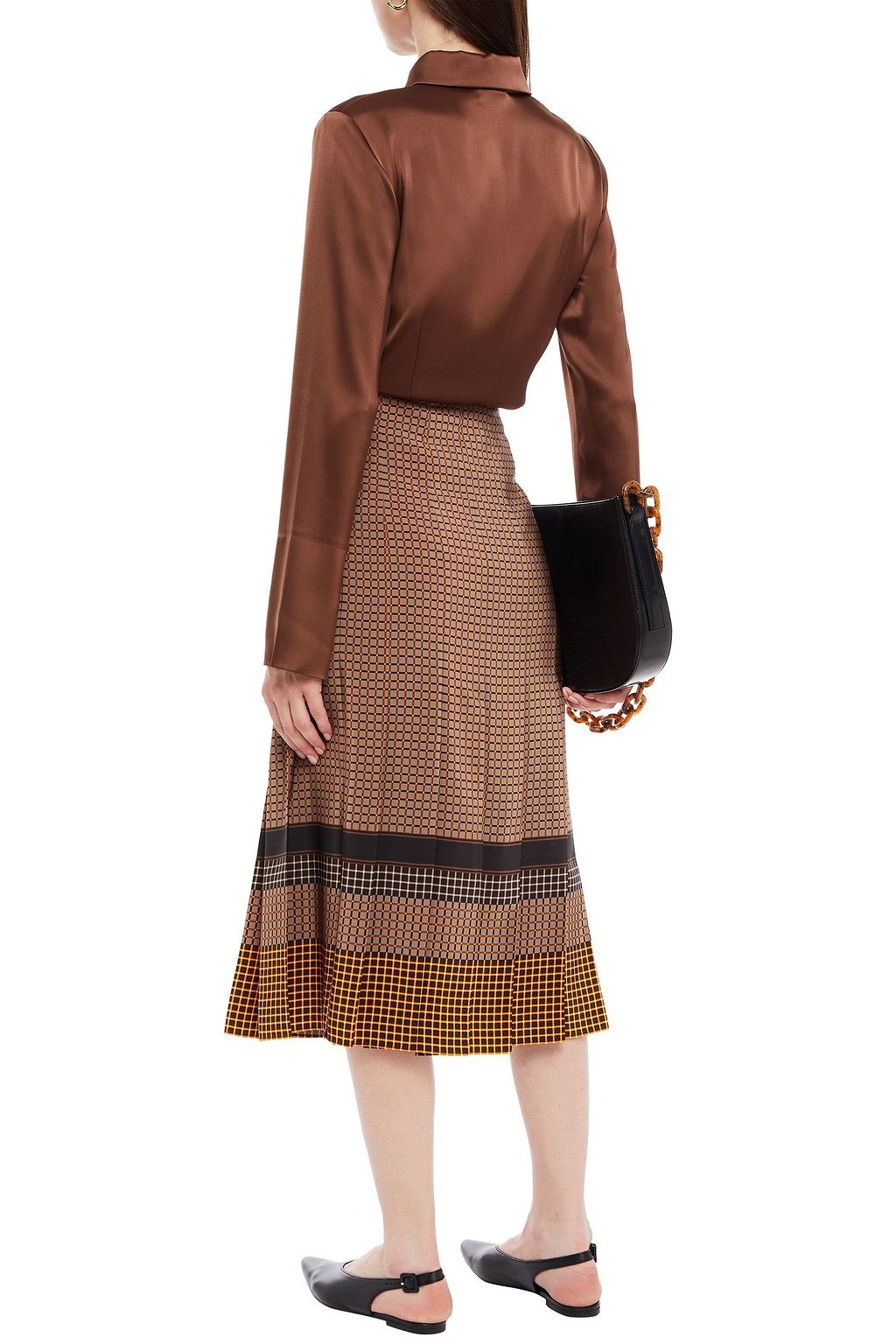 JOSEPH Pleated checked silk crepe de chine midi skirt