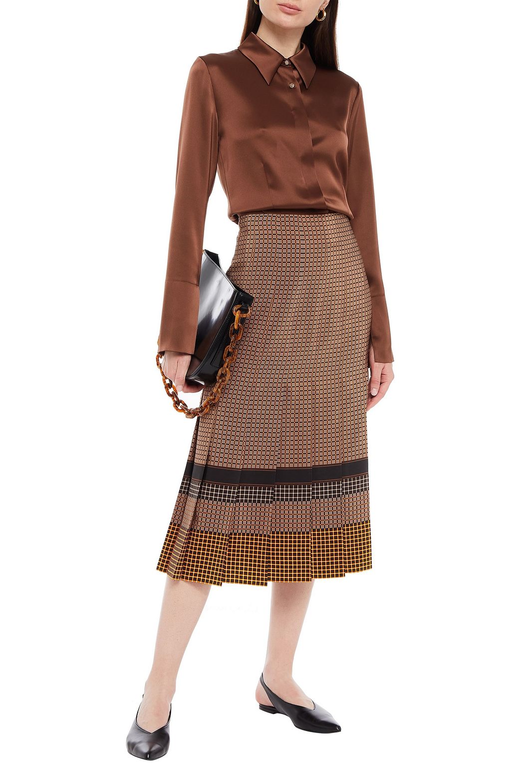 JOSEPH Pleated checked silk crepe de chine midi skirt