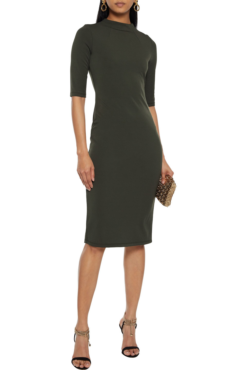 delora fitted mock neck midi dress